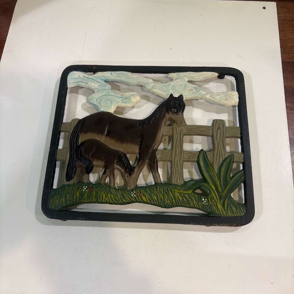 Vintage cast iron hand painted horse teapot trivet 10”X 8.5”